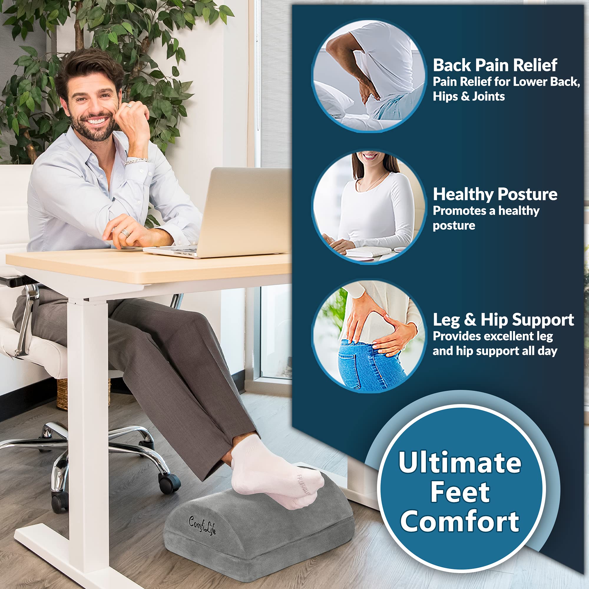 Foot Rest for Under Desk at Work – Adjustable Height Memory Foam Foot Stool for Under Desk, Office Chair & Gaming Chair – Ergonomic Footrest for Back & Hip Pain Relief (Gray)