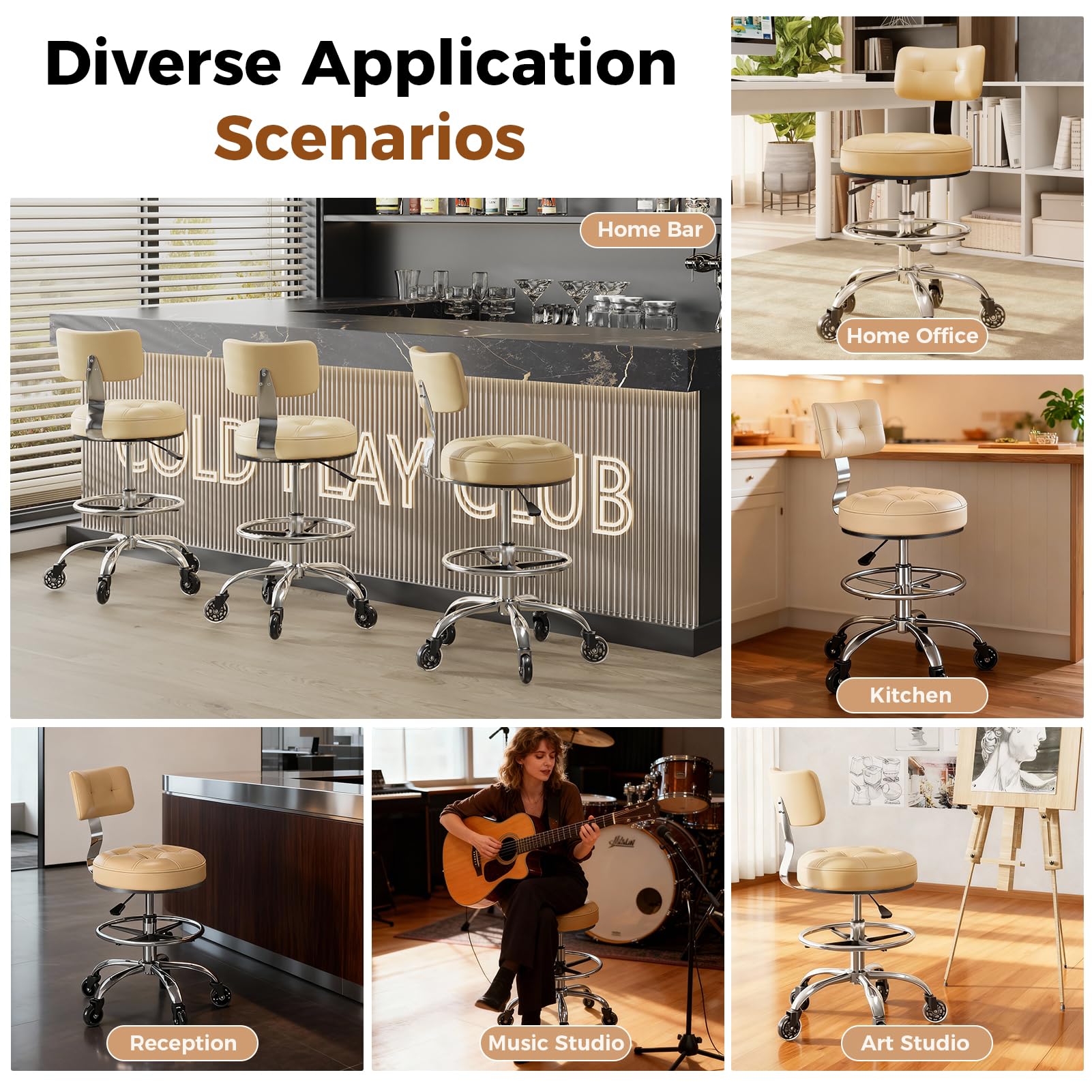 Office Drafting Chair with Footrest, Tall Height Adjustable Stool with Back Support, Heavy Duty Rolling Stool Chair with Wheels for Office Home Kitchen Bar Shop Guitar Studio Vanity, White