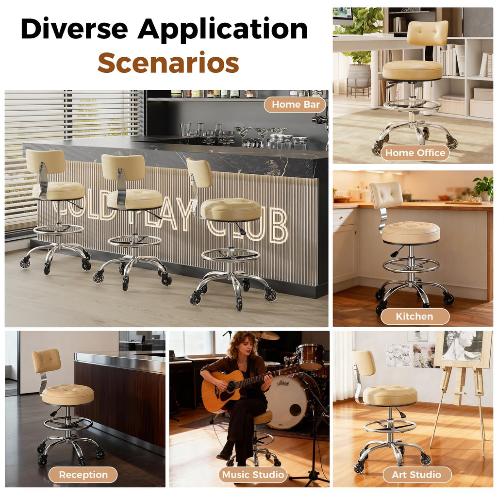 Office Drafting Chair with Footrest, Tall Height Adjustable Stool with Back Support, Heavy Duty Rolling Stool Chair with Wheels for Office Home Kitchen Bar Shop Guitar Studio Vanity, White
