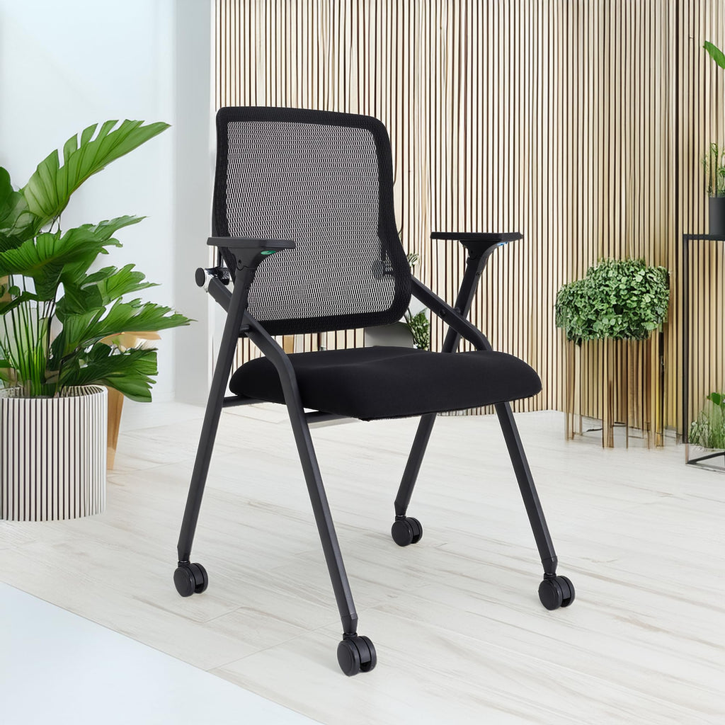 8 Pack Black, Updated Conference Room Chairs, Folding Office Desk Chair with Lumbar Support and Sliding Armrest with Casters, Stackable Office Guest Chairs & Reception Chairs