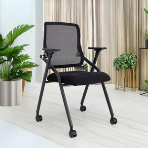 10 Pack Black, Updated Conference Room Chairs, Folding Office Desk Chair with Lumbar Support and Sliding Armrest with Casters, Stackable Office Guest Chairs & Reception Chairs
