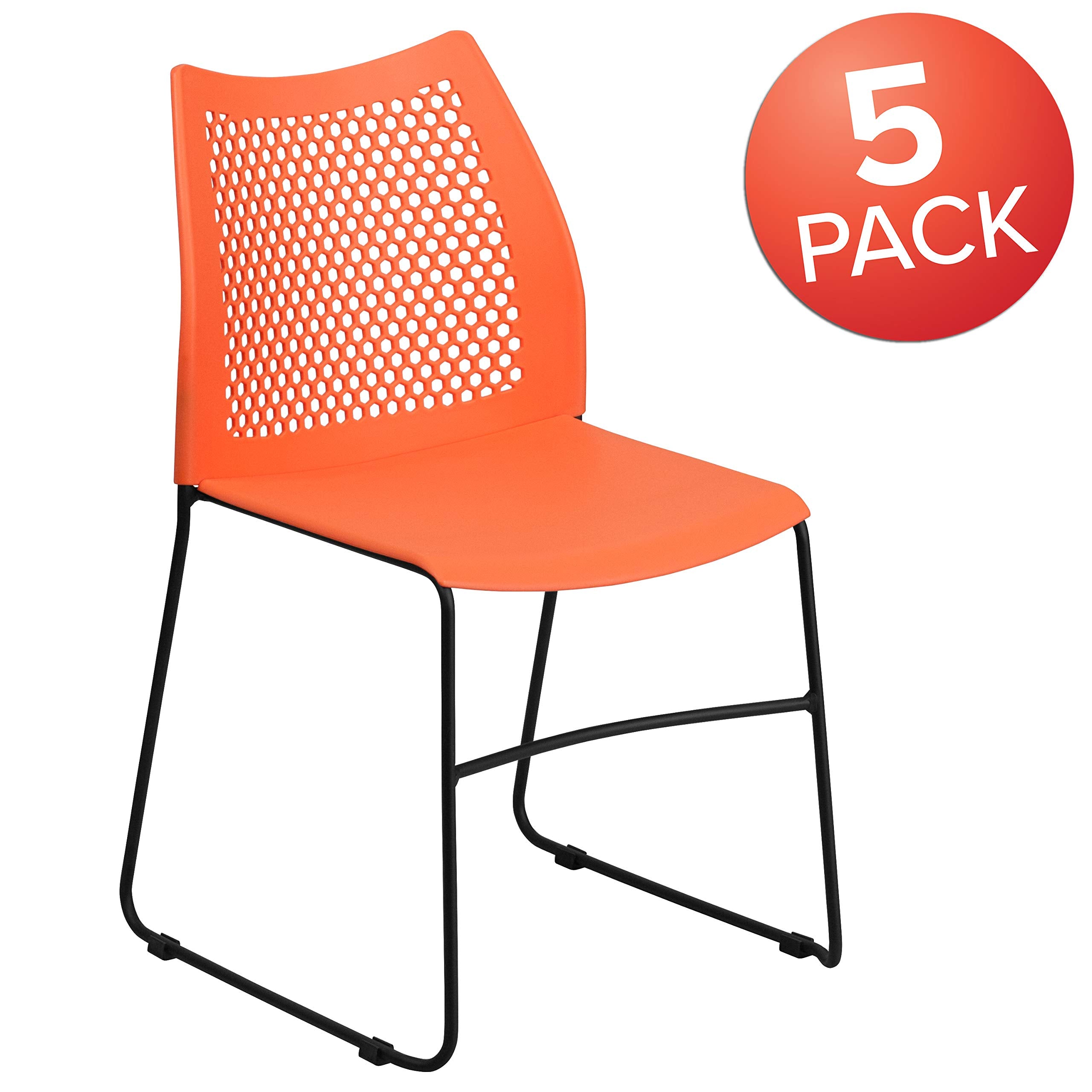 Set of 5 Orange, Hercules Series Contoured Lobby Chairs with Air-Vent Honeycomb Backs, Ergonomic Stacking Chairs for Offices