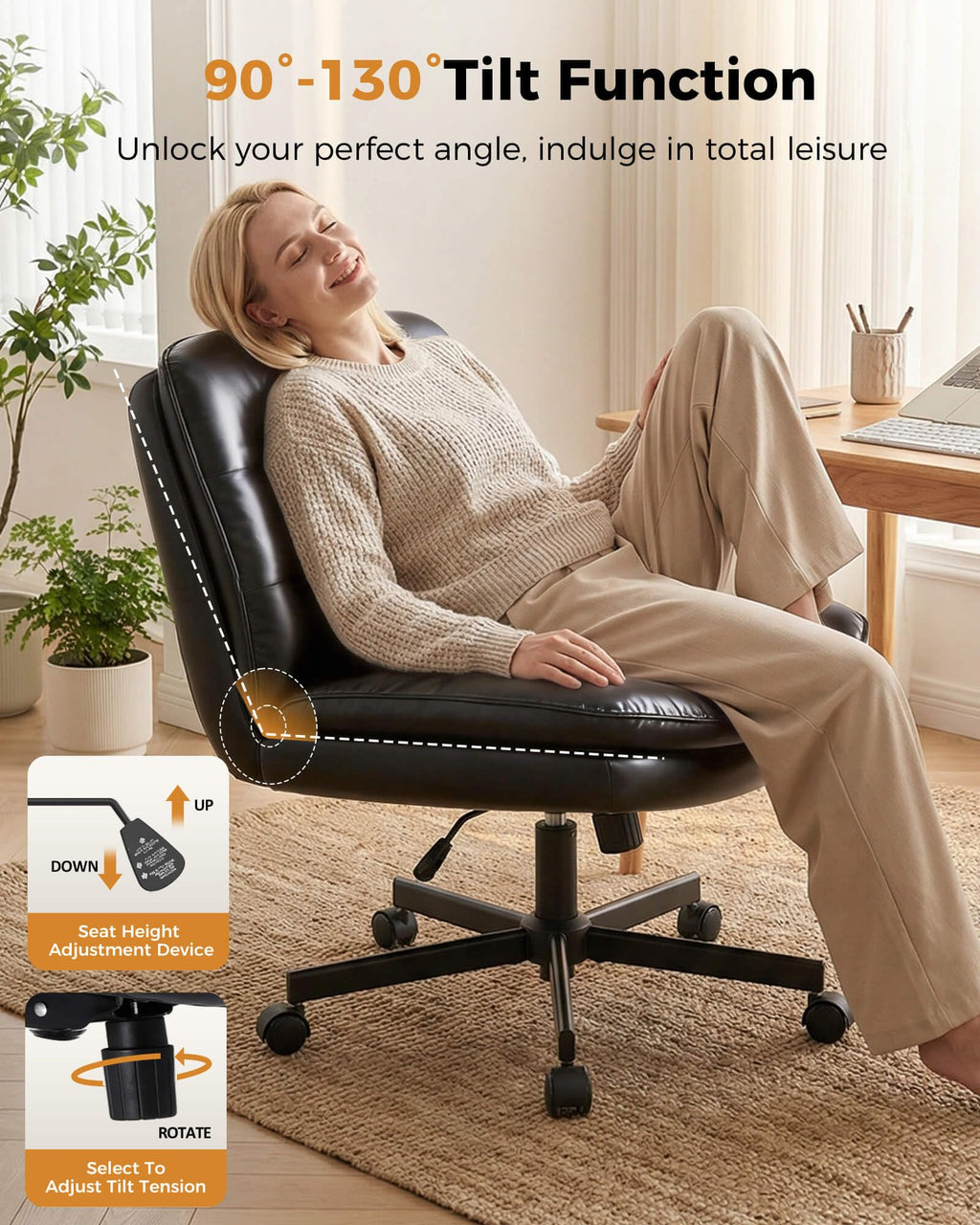 Cross Legged Office Chair with Wheels Armless Office Desk Chair, Modern Vanity Computer Task Chairs for Home Bedroom, Comfortable Wide Seat for Lower Back Pain Relief, PU Leahter, Black