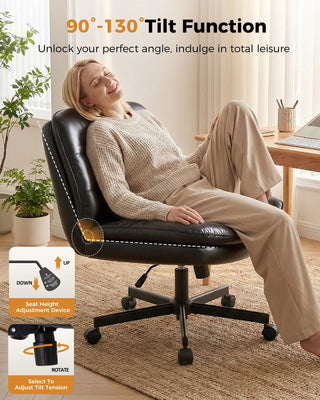 Cross Legged Office Chair with Wheels Armless Office Desk Chair, Modern Vanity Computer Task Chairs for Home Bedroom, Comfortable Wide Seat for Lower Back Pain Relief, PU Leahter, Black