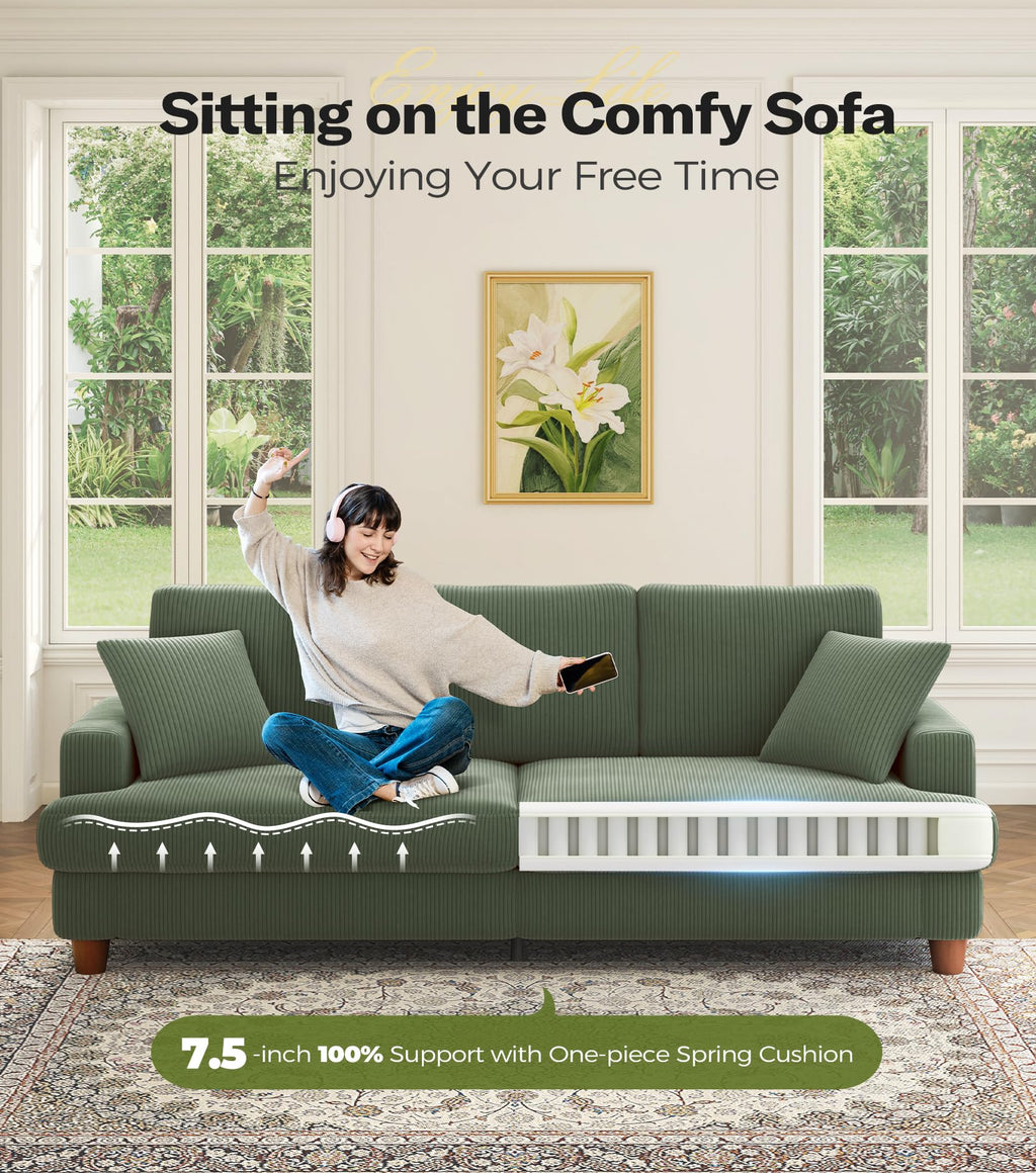 87in Corduroy Couch, Kidirect Sofa No Tool Assembly, Comfy Couches for Living Room 21in Deeper Seats, Corduroy Sofas for Living Room with 2 Pillows, Oversized Loveseat Sofa, Boho Love Seat Olive Couch