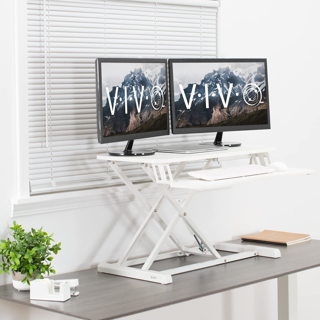 32 inch Desk Converter, K Series, Height Adjustable Sit to Stand Riser, Dual Monitor and Laptop Workstation with Wide Keyboard Tray, White, DESK-V000KW