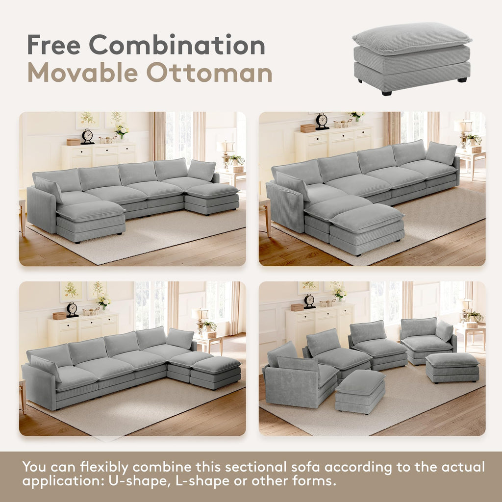 148'' Sectional Cloud Couch with 2 Ottomans, Oversized 4 Seat Sleeper Sofa with 2 Throw Pillows, Convertible Upholstered U Shaped Cozy Sofa Furniture Set for Living Room and Office, Light Grey