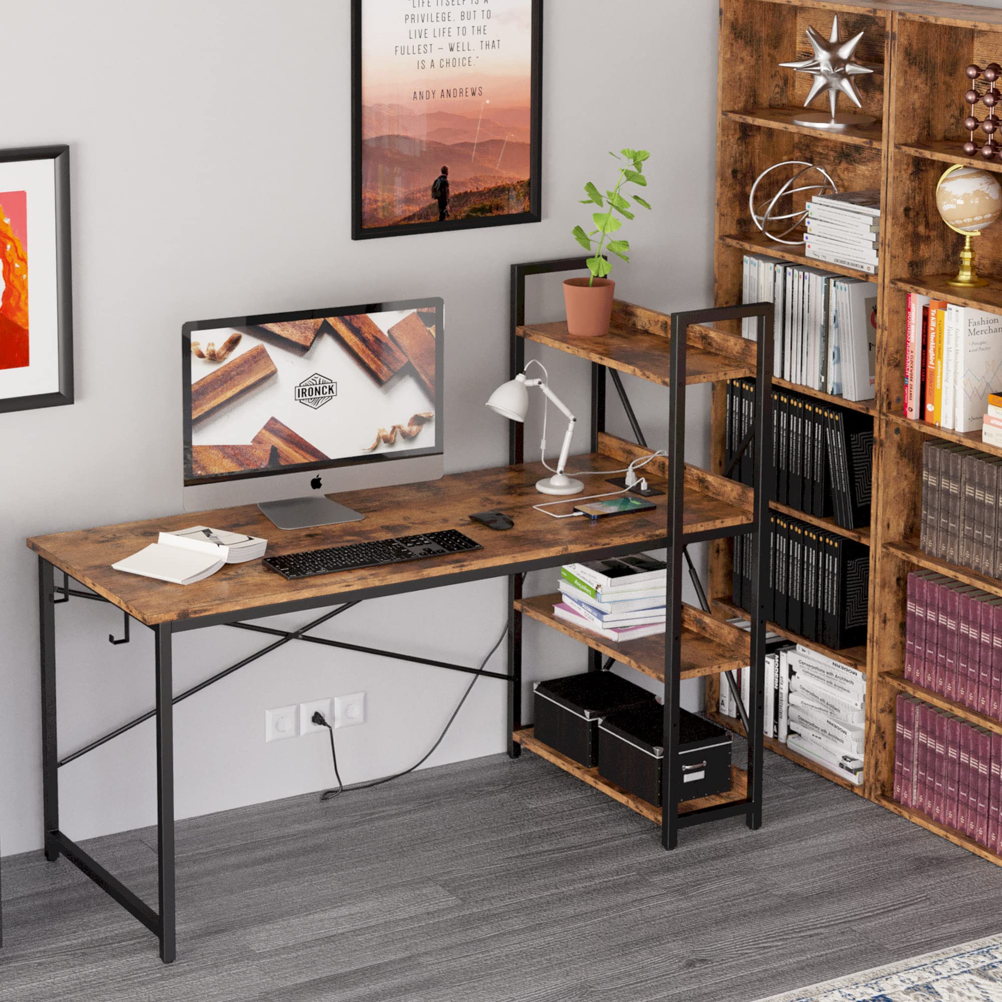 Computer Desk 55" with Power Outlet and Storage Shelves, Study Writing Table with USB Ports Charging Station, PC Desk Workstation for Home Office, Rustic Brown