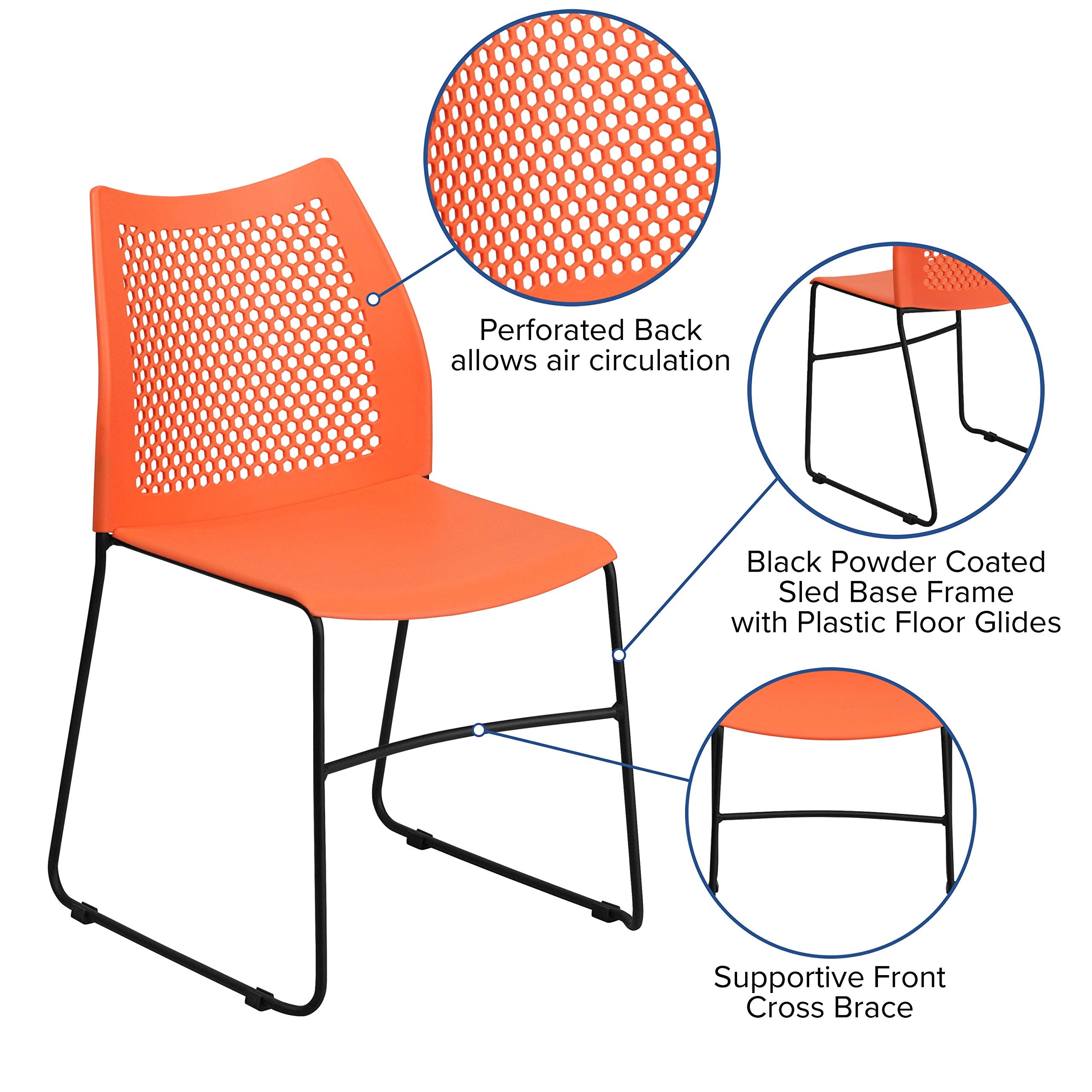 HERCULES Series 661 lb. Capacity Orange Stack Chair with Air-Vent Back and Black Powder Coated Sled Base
