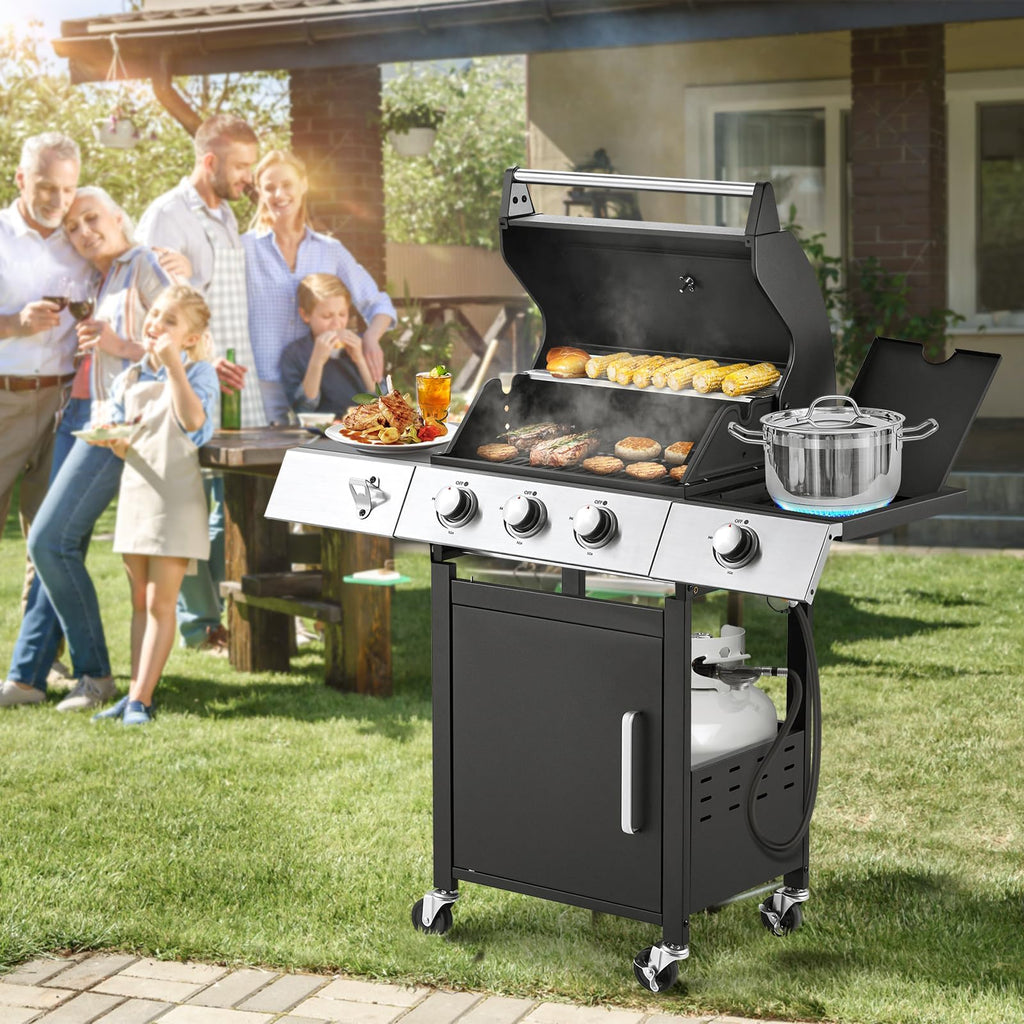 Upgraded 36,000 BTU Stainless Steel Burner Barbecue Grill, 3 Burner BBQ Propane Gas Grill with Cast Iron Grates & Side Stove for Patio, Camping, Outdoor Cooking