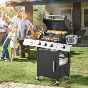 Upgraded 36,000 BTU Stainless Steel Burner Barbecue Grill, 3 Burner BBQ Propane Gas Grill with Cast Iron Grates & Side Stove for Patio, Camping, Outdoor Cooking