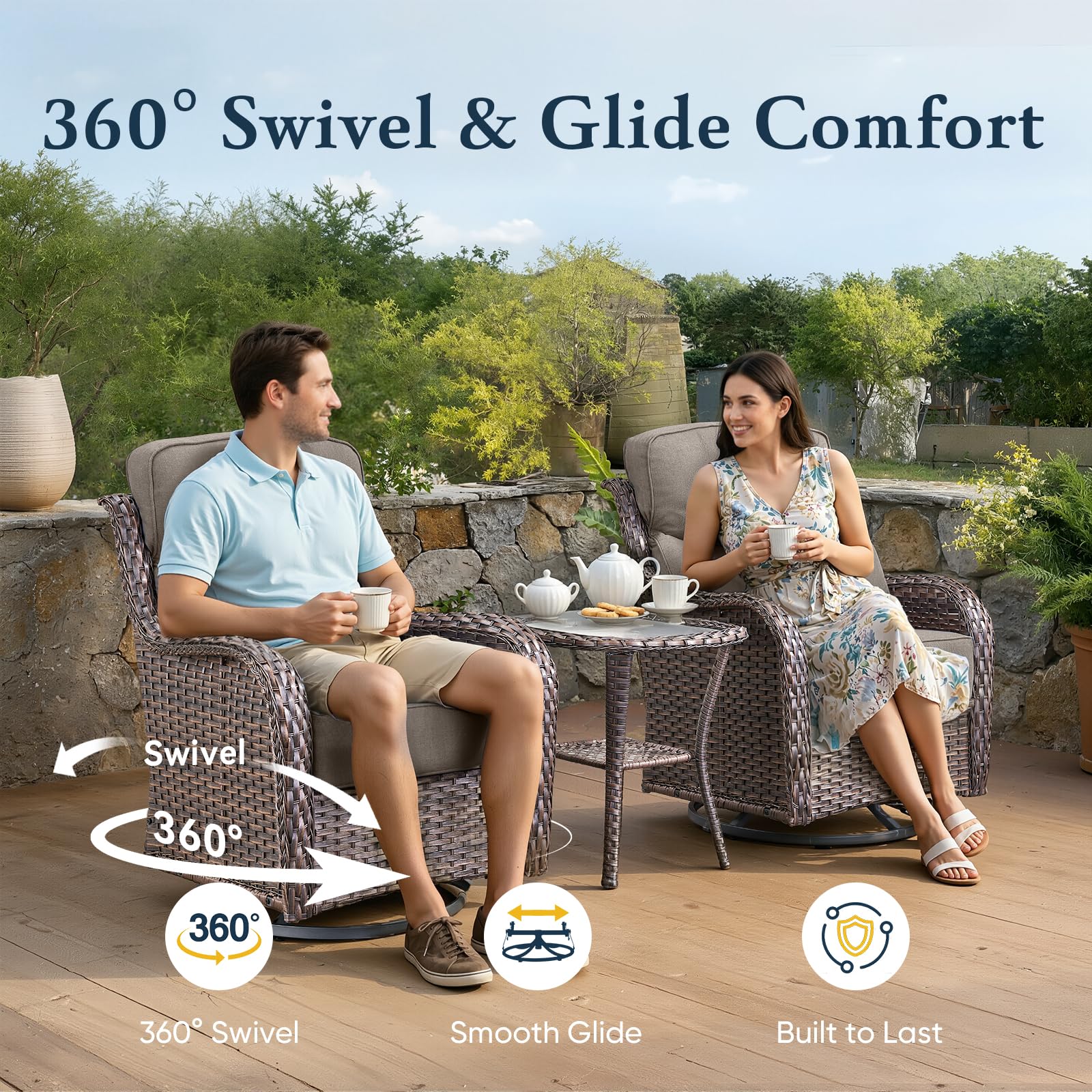 Luxury 6" Thick Cushioned 10 Pieces Patio Furniture Set with Fire Pit Table, Wicker Outdoor Conversation Set with High Back Swivel Rocker Chairs for Deck Porch Yard and Poolside - Brown+Grey