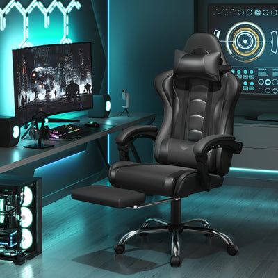 Gaming Chair, Video Game Chair with Massage Lumbar Support and Footrest Height Adjustable Ergonomic Computer Chair with Swivel Seat and Headrest, Full Black