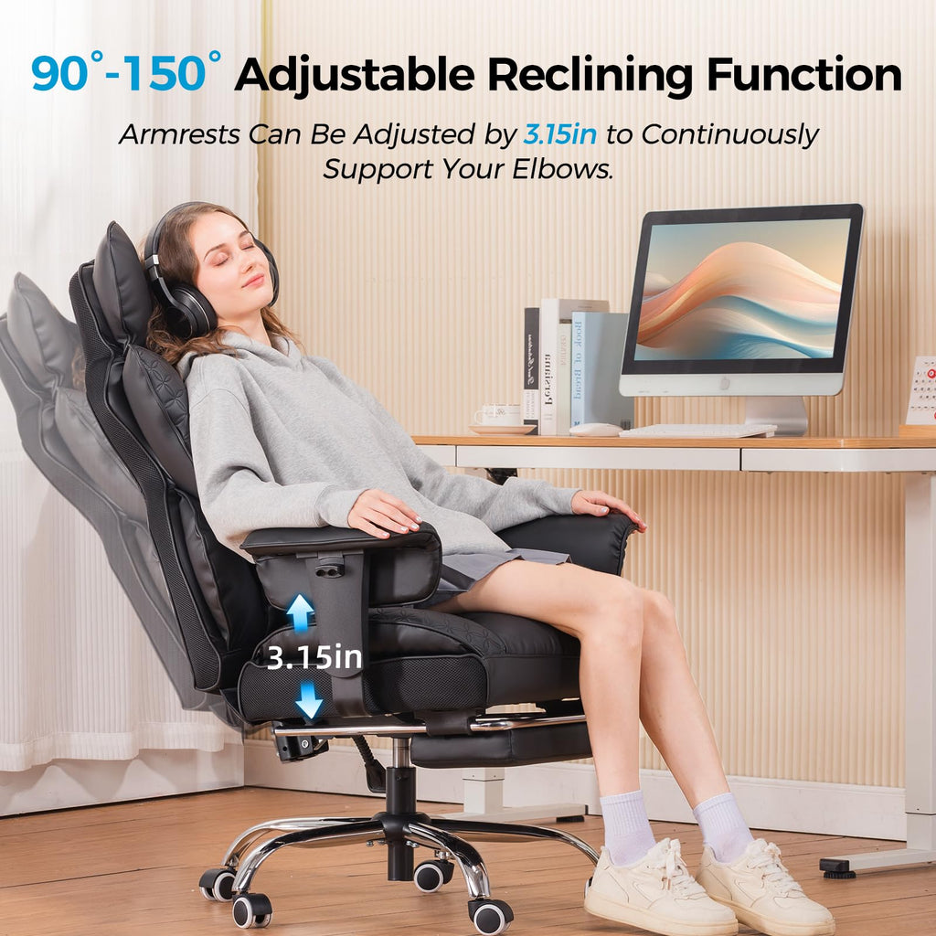 Big and Tall Office Chair Heavy Duty Wide Ergonomic Gaming Chair with Deluxe Embossing Leather with Foot Rest 150°Reclining Adjustable Armrests Pocket Spring Back Support and Without Pillow