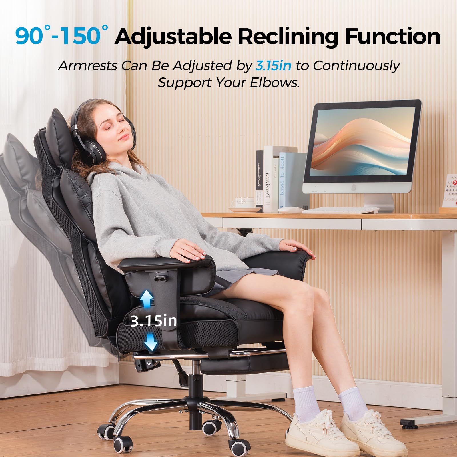 Big and Tall Office Chair Heavy Duty Wide Ergonomic Gaming Chair with Deluxe Embossing Leather with Foot Rest 150°Reclining Adjustable Armrests Pocket Spring Back Support and Without Pillow