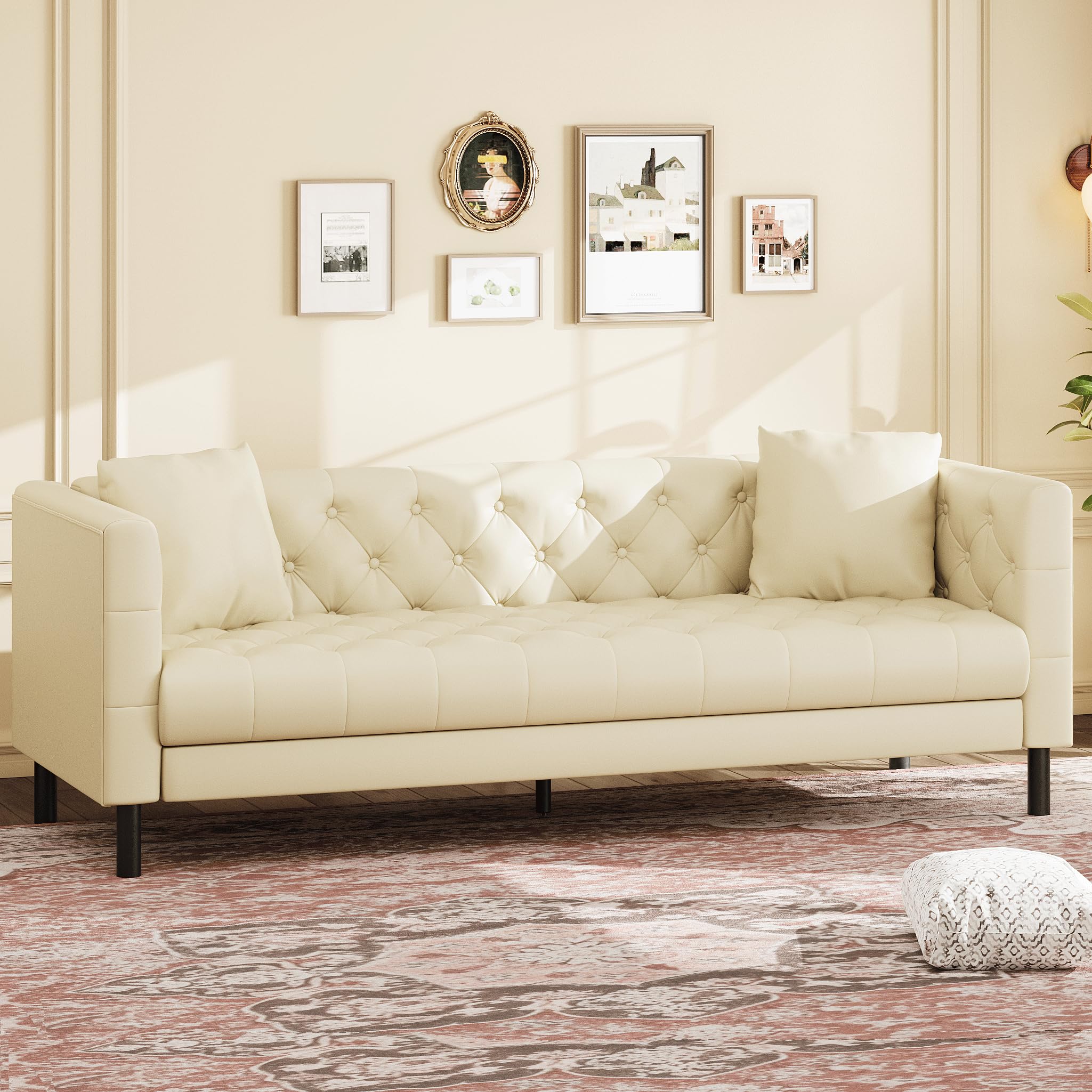 81 in Leather Couch for Living Room, Modern Sofa Couch with Deep Seat, Handmade Button Tufted 3 Seater Sofa, Leather Sofa for Apartment, Office, Cream White