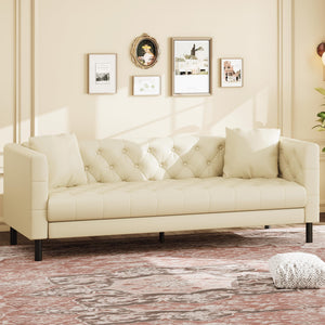 81 in Leather Couch for Living Room, Modern Sofa Couch with Deep Seat, Handmade Button Tufted 3 Seater Sofa, Leather Sofa for Apartment, Office, Cream White