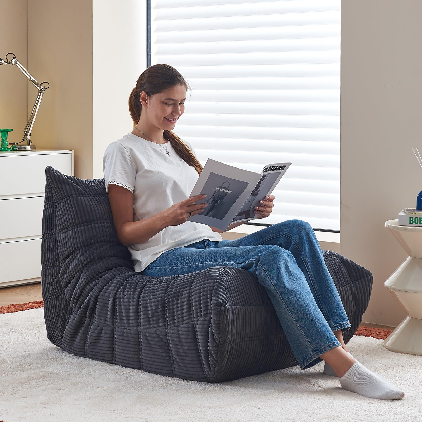 Bean Bag Chairs for Adults, Giant Bean Bag Chair, Memory Foam Beanbag Chair, Bean Bag Sofa for Living Room, Dorms, Apartments, Reading Corner (Grey Corduroy)