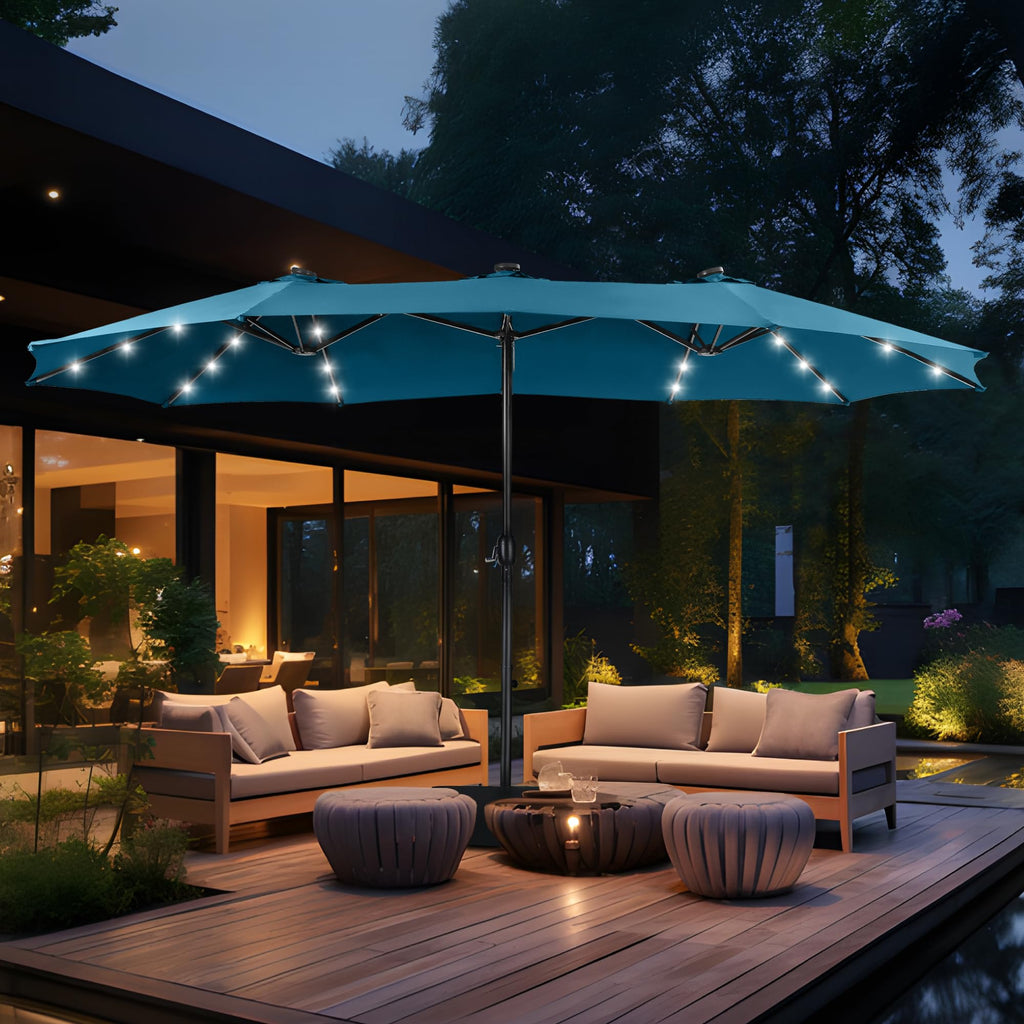 15ft Double Sided Patio Umbrella with Solar Lights, Outdoor Large Umbrellas with Crank Handle and 36 LED Lights, Rectangular Market Umbrella with Base Included for Deck Pool Shade, Cerulean