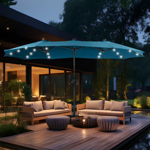 15ft Double Sided Patio Umbrella with Solar Lights, Outdoor Large Umbrellas with Crank Handle and 36 LED Lights, Rectangular Market Umbrella with Base Included for Deck Pool Shade, Cerulean