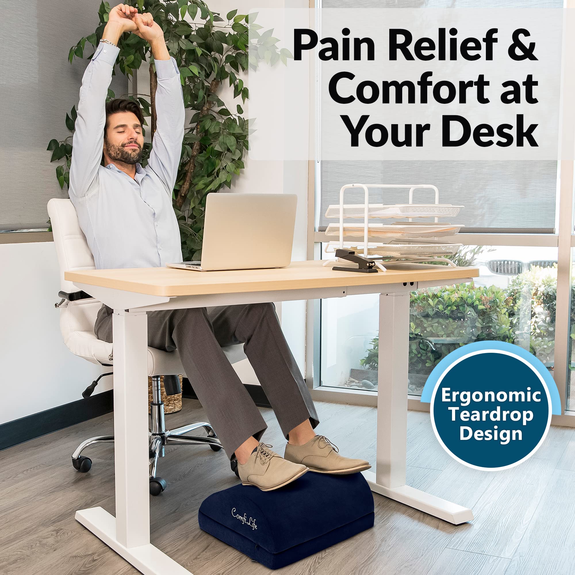 Foot Rest for Under Desk at Work – Adjustable Desk FootRest for Office Chair, Gaming Accessories – Ergonomic Teardrop Design for Back, Hip & Leg Pain Relief – 100% Memory Foam (Navy)