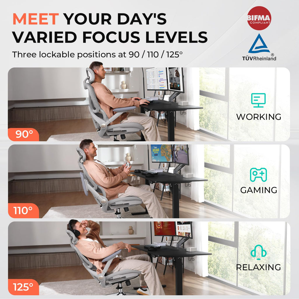Ergonomic Mesh Office Chair, Adjustable Lumbar High Back Desk Chair 400lbs, 4D Flip-up Arms, 3 Tilt Backrest, 3D Headrest, PU Wheels, Swivel Rolling Computer Seating for Long Desk Work - Grey