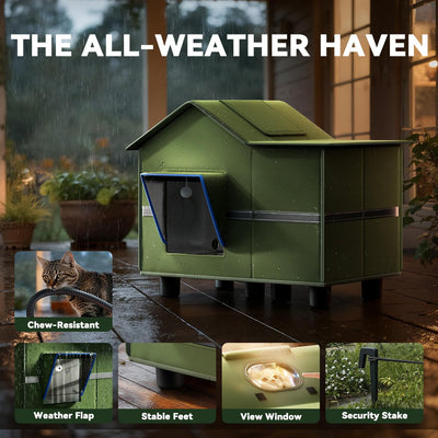 Heated Cat Shelter for Outside, Large Outdoor Cat House with Roof Window and Cozy Cushion, Weatherproof Foldable and Easy Assembly Design, Ideal for Stray and Feral Cats