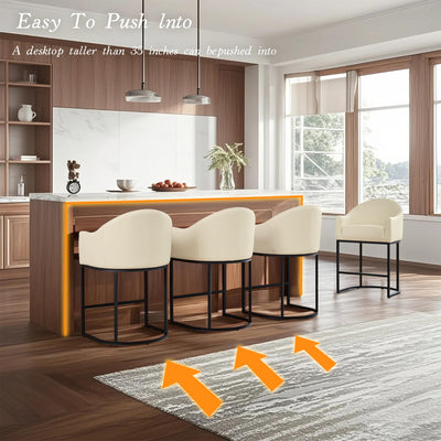 Counter Height Bar Stools Set of 2,Modern Counter Height Bar Stools,PU Leather Upholstered Barrel Barstools with Backs,26'' Kitchen Island Chairs,Metal Black Frames,Beige White Leather