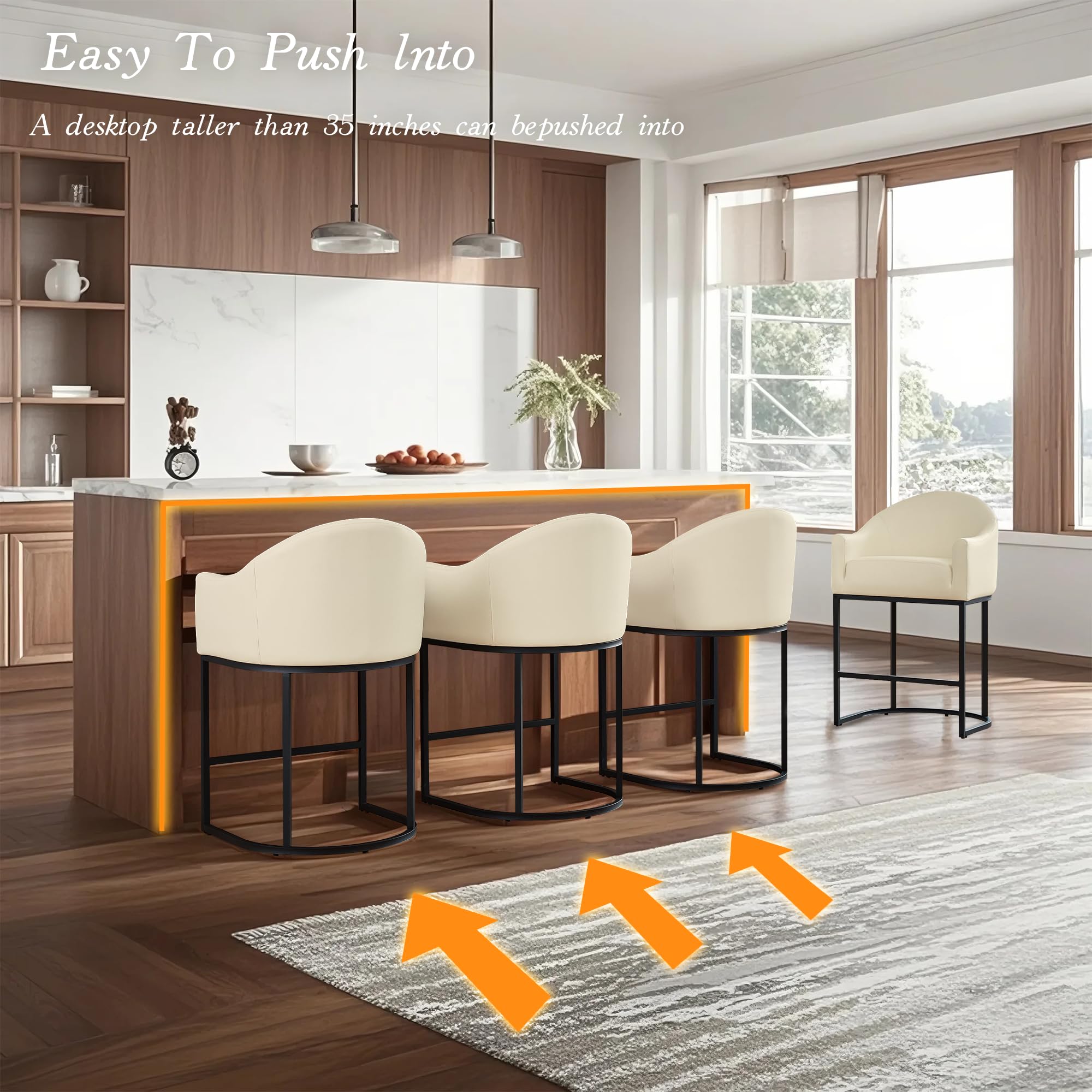Counter Height Bar Stools Set of 3,Modern Counter Height Bar Stools,PU Leather Upholstered Barrel Barstools with Backs,26'' Kitchen Island Chairs,Metal Black Frames,Beige White Leather