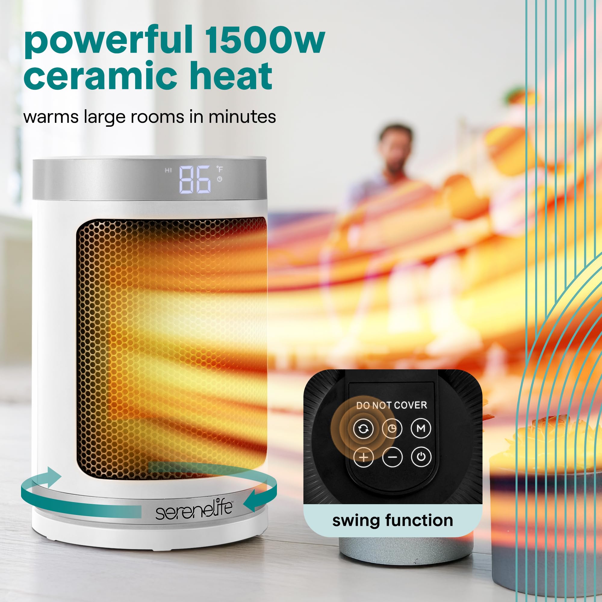 Smart Space Heater – 1500W Indoor Electric Heater with Thermostat, Remote Control, 12-Hour Timer, Wi-Fi Enabled PTC Ceramic Heating for Home and Office, White (5.9" x 5.9" x 9.5")