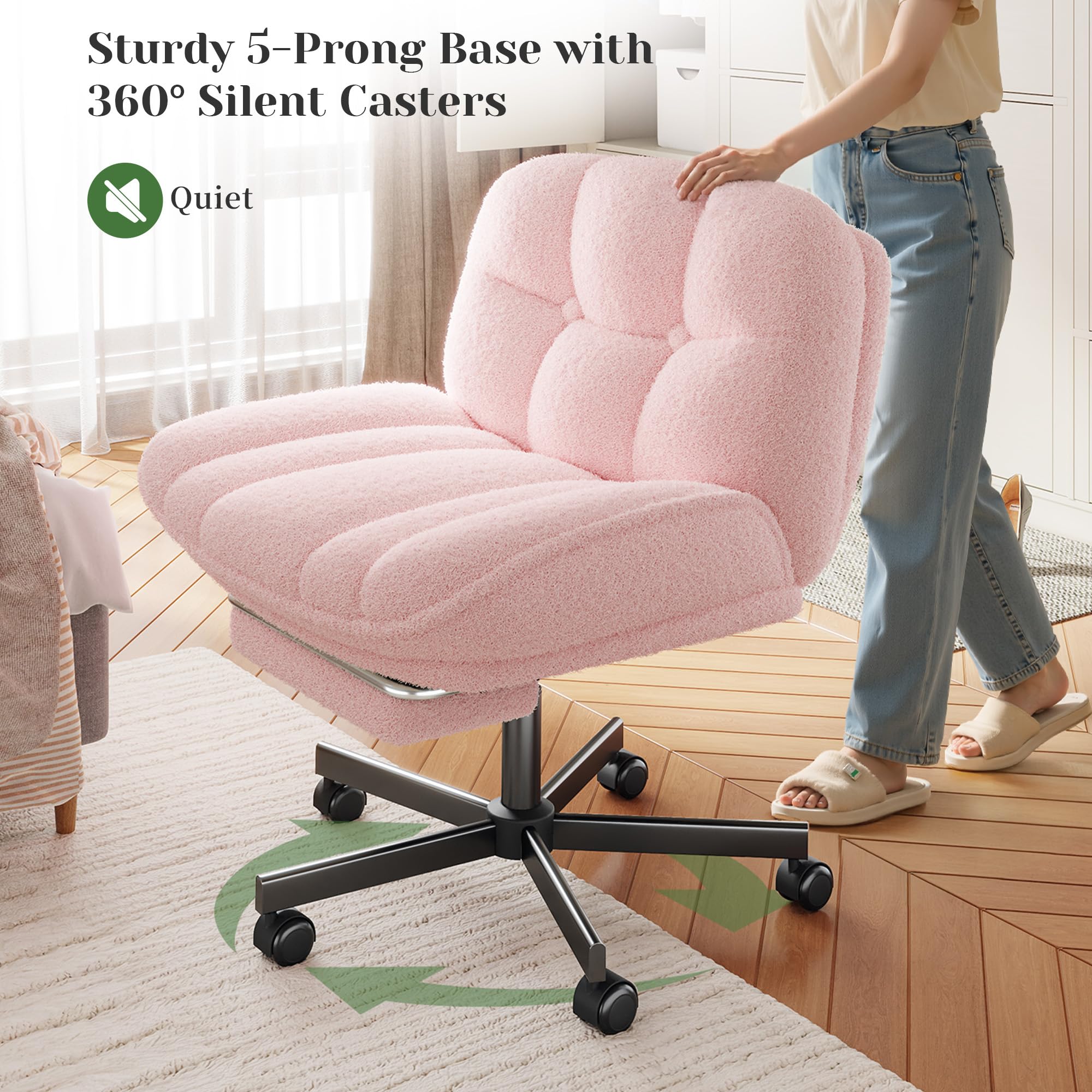 Criss Cross Office Chair with Footrest, 6.3" Thick Cushioned Cross Legged Office Chair with Wheels, Reclining & Height Adjustable, Swivel Armless Vanity Chair for All-Day Comfort (Pink)