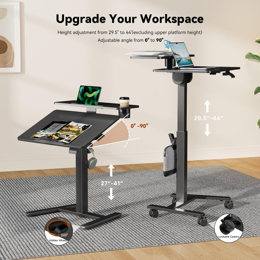 28Inch Rolling Standing Desk On Wheels， Small Computer Workstation Adjustable Height， Mobile Laptop Stand with Tiltable Desktop， 2-Tier Portable Study Table with Storage Shelves， Black