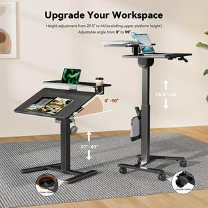 28Inch Rolling Standing Desk On Wheels， Small Computer Workstation Adjustable Height， Mobile Laptop Stand with Tiltable Desktop， 2-Tier Portable Study Table with Storage Shelves， Black