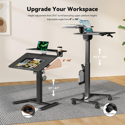28Inch Rolling Standing Desk On Wheels， Small Computer Workstation Adjustable Height， Mobile Laptop Stand with Tiltable Desktop， 2-Tier Portable Study Table with Storage Shelves， Black