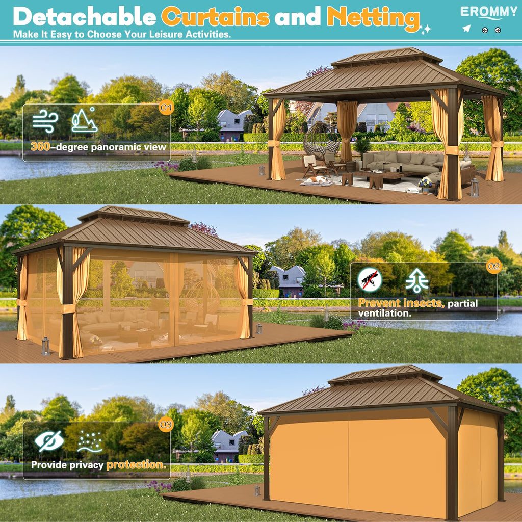 12' x 16' Hardtop Gazebo, Aluminum Frame Gazebos with Galvanized Steel Double Roof, Permanent Outdoor Metal Pavilion with Curtain and Netting for Patio, Lawn, Deck