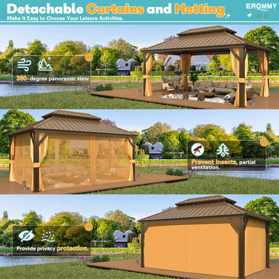 12' x 16' Hardtop Gazebo, Aluminum Frame Gazebos with Galvanized Steel Double Roof, Permanent Outdoor Metal Pavilion with Curtain and Netting for Patio, Lawn, Deck