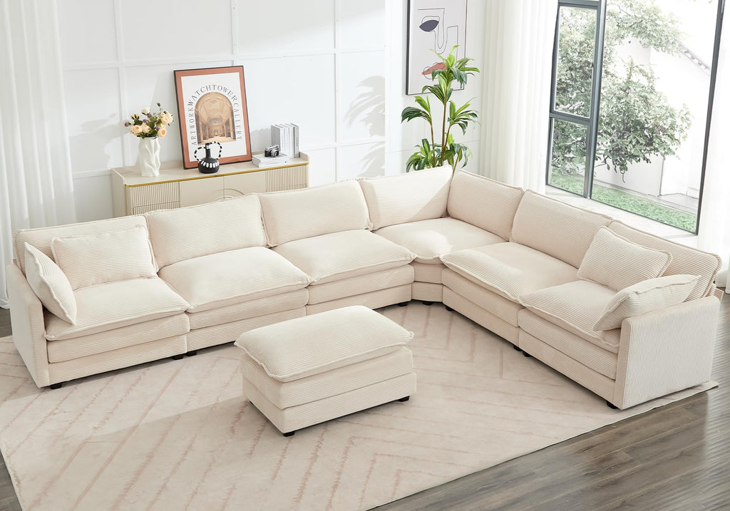 150'' Modular Sectional Cloud Couch, 7 Seater Corner Sofa Big Comfy Corduroy V Shaped Couch with 4 Throw Pillows, Convertible Chaise, Ottoman, Couches for Living Room Office Beige