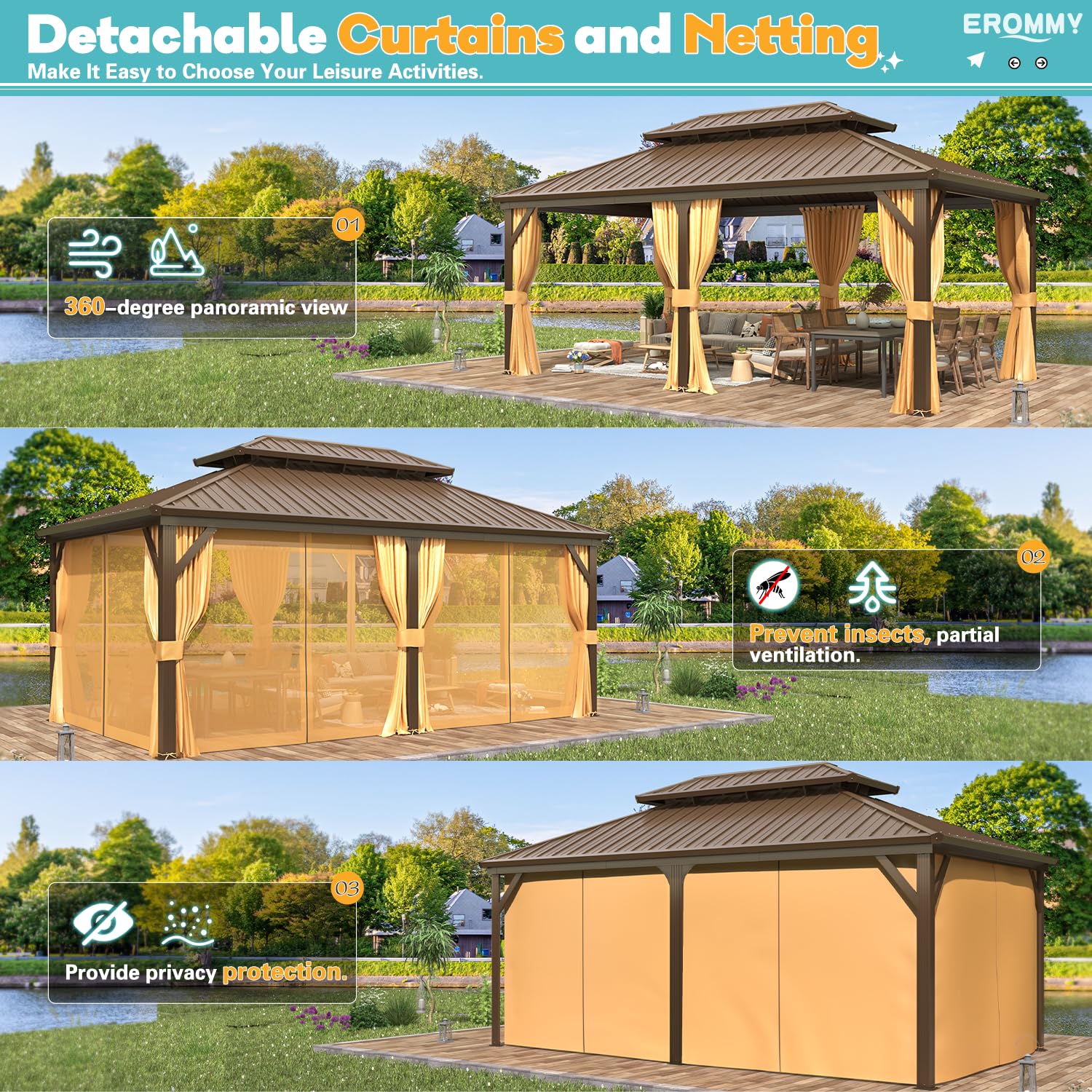 12' x 18' Hardtop Gazebo, Aluminum Frame Gazebos with Galvanized Steel Double Roof, Permanent Outdoor Metal Pavilion with Curtain and Netting for Patio, Lawn, Deck