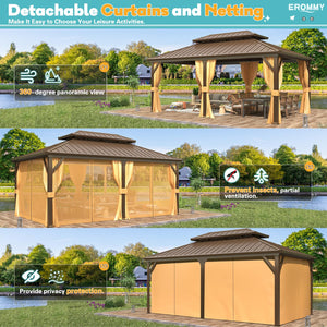 12' x 18' Hardtop Gazebo, Aluminum Frame Gazebos with Galvanized Steel Double Roof, Permanent Outdoor Metal Pavilion with Curtain and Netting for Patio, Lawn, Deck