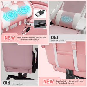 Gaming Chair, Video Game Chair with Massage Lumbar Support and Footrest Height Adjustable Ergonomic Computer Chair with Swivel Seat and Headrest, Pink/White