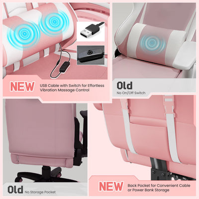 Gaming Chair, Video Game Chair with Massage Lumbar Support and Footrest Height Adjustable Ergonomic Computer Chair with Swivel Seat and Headrest, Pink/White