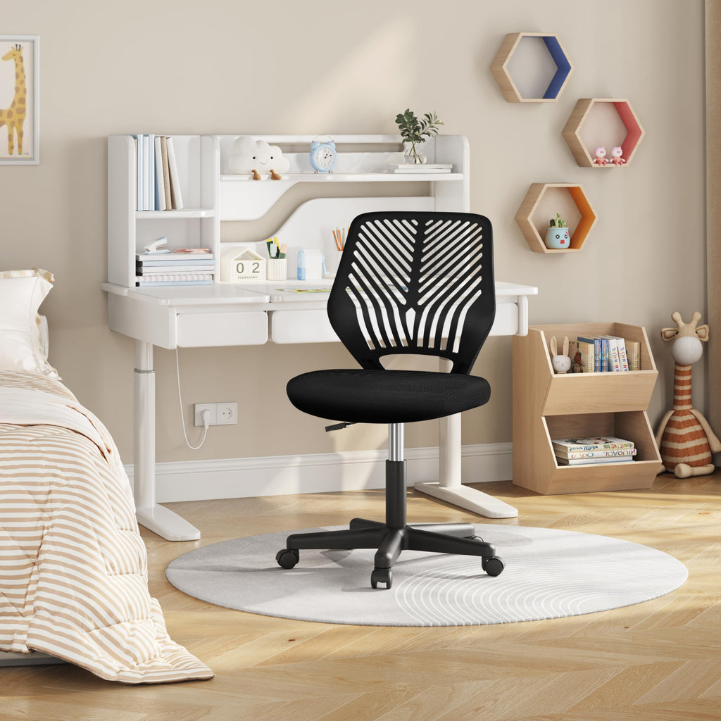 Students Cute Desk Chair Low-Back Armless Study Chair w/Lumbar Support Adjustable Swivel Chair in Home Bedroom School, Black