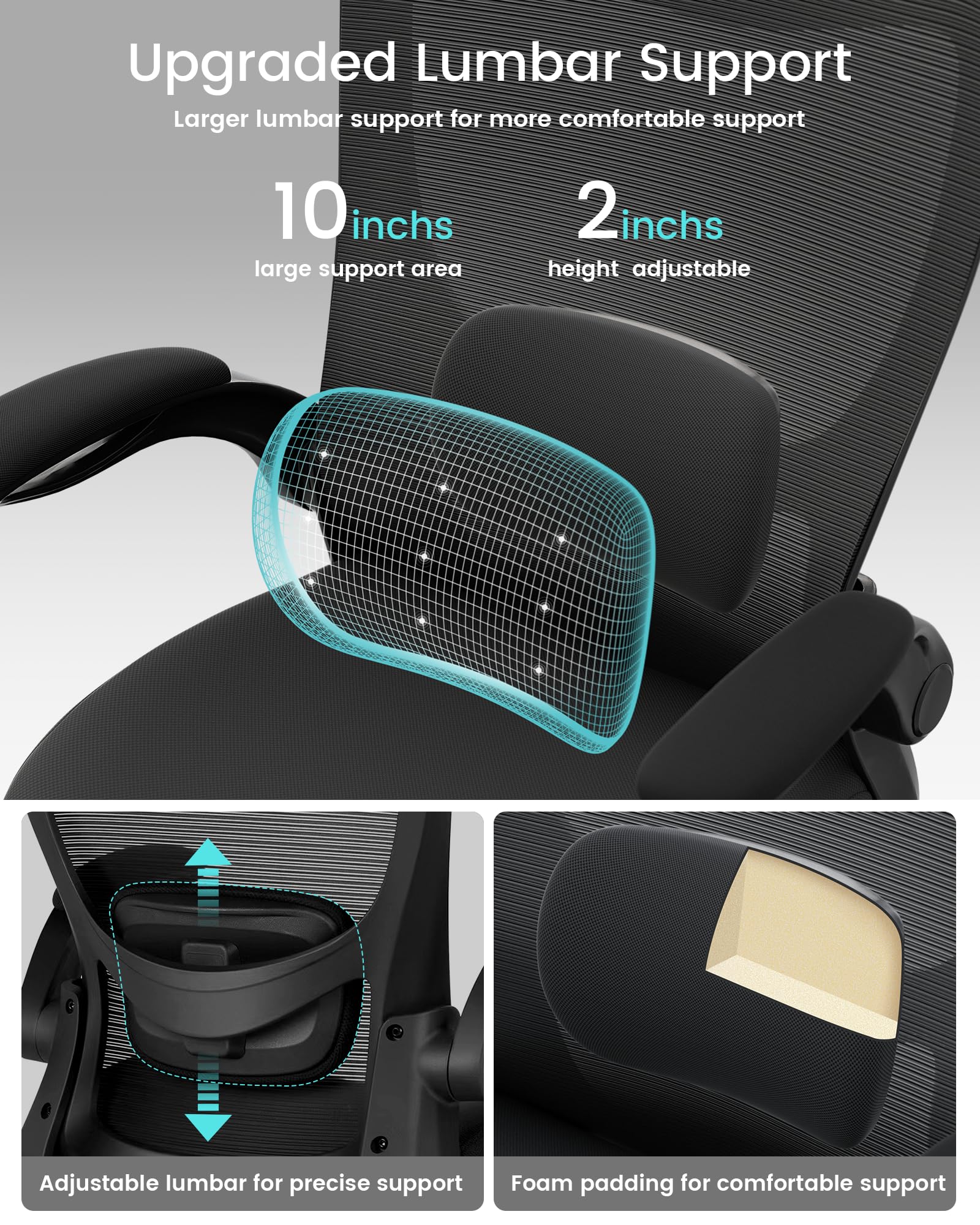 Office Chair, Ergonomic Desk Chair with Adjustable Lumbar Support and Flip up Armrest, Breathable Mesh Computer Chair for Home Office, Black