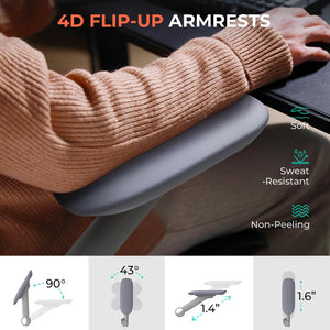 Ergonomic Mesh Office Chair, Adjustable Lumbar High Back Desk Chair 400lbs, 4D Flip-up Arms, 3 Tilt Backrest, 3D Headrest, PU Wheels, Swivel Rolling Computer Seating for Long Desk Work - Grey