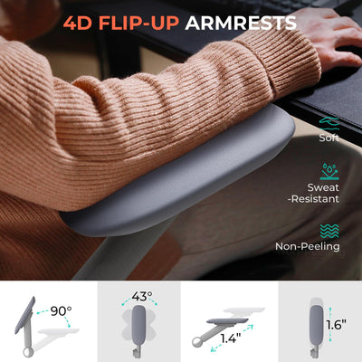 Ergonomic Mesh Office Chair, Adjustable Lumbar High Back Desk Chair 400lbs, 4D Flip-up Arms, 3 Tilt Backrest, 3D Headrest, PU Wheels, Swivel Rolling Computer Seating for Long Desk Work - Grey