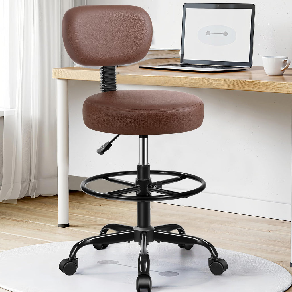 Drafting Chair with Backrest – Adjustable Foot Rest Rolling Stool with Wheels, PU Leather Swivel Stool for Office Spa Studio Lab Counter Salon Home Work Bar Kitchen Shop(Brown)