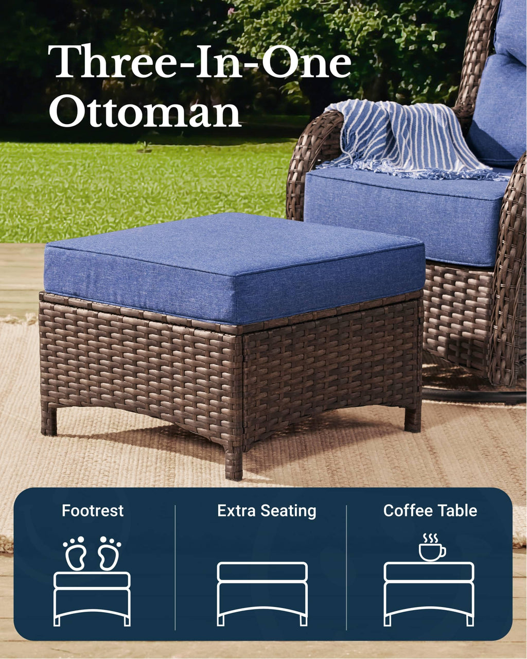 Luxury Patio Furniture Set with 6-inch Thick Cushion, Outdoor High Back Swivel Rocker Patio Chairs, 6PCS Wicker Conversation Set for Deck Yard and Poolside, Blue (V2)
