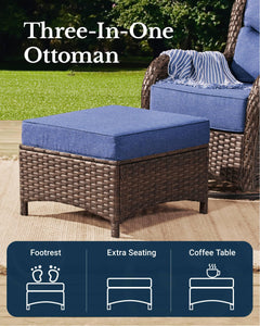Luxury Patio Furniture Set with 6-inch Thick Cushion, Outdoor High Back Swivel Rocker Patio Chairs, 6PCS Wicker Conversation Set for Deck Yard and Poolside, Blue (V2)