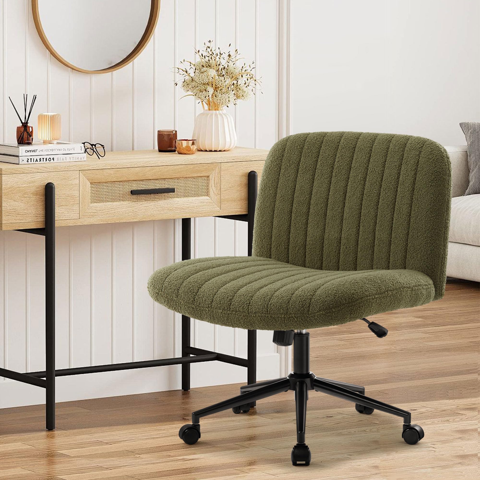 Criss Cross Chair Cross Legged Office Chair with Wheels Armless Wide Seat Desk Chairs Height Adjustable Computer Task Chairs Swivel Vanity Chair for Home Office Bedroom Make Up Small Space Green