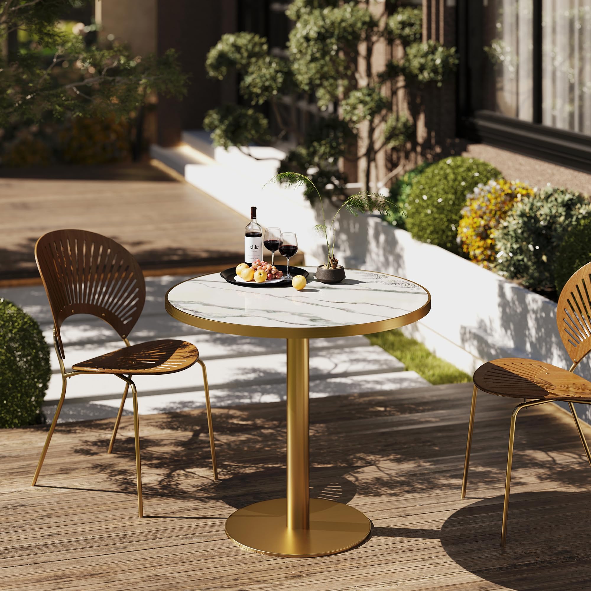 31.5" Tulip Table,Round Kitchen Dining Table for 2-4 with Thick Sintered Stone Top,Titanium Golden Pedestal Base,Heat-Resistant,Bistro Table for Dining Room,Café,Small Space（Flowing Traces）